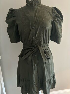 GAP Olive Green Eyelet Puff-Sleeve Mini Dress